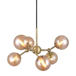 ELEMENTS 6-flammiger Leuchter in Messing und bernsteinfarbigem Kugelglas