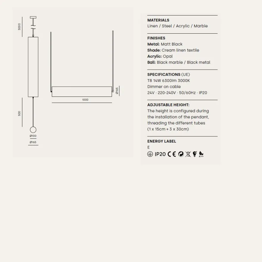 NOVELLA Lange Pendelleuchte Leinen Beige vertikal